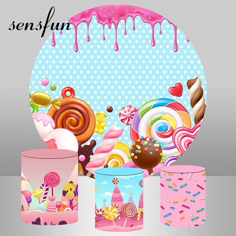 

Candy Theme Round Circle Backdrop For Photo Studio Girls Birthday Party Dessert Table Photography Background Plinth Cover Custom