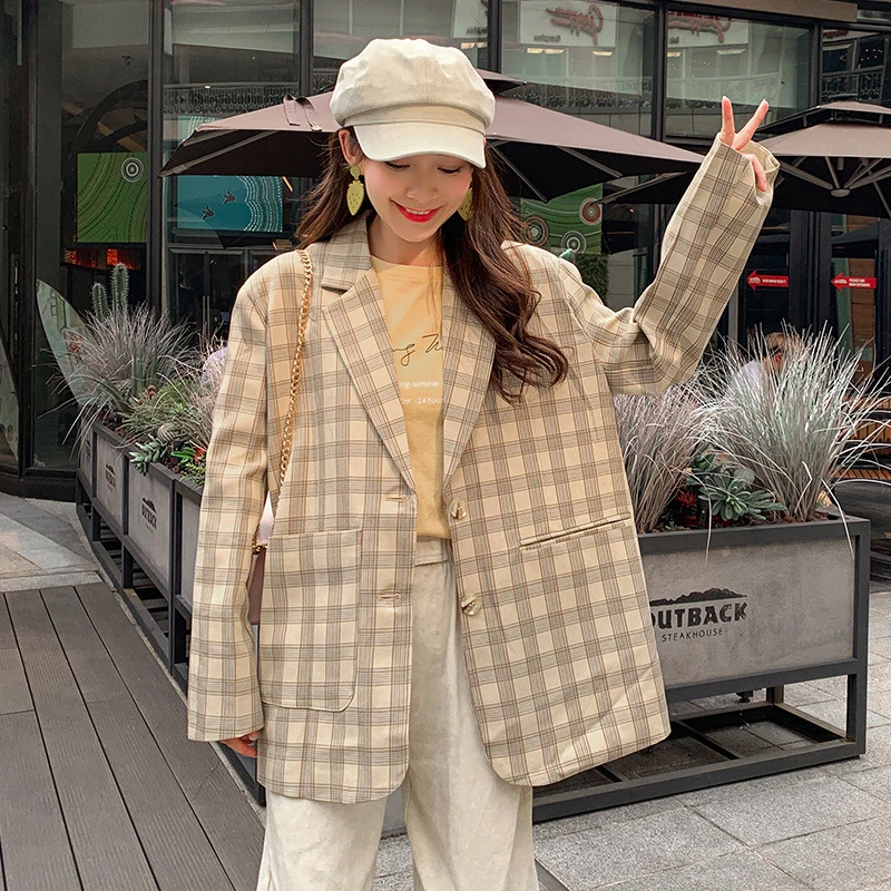 Женский блейзер модный костюм воротник узор в клетку BF универсальная милая