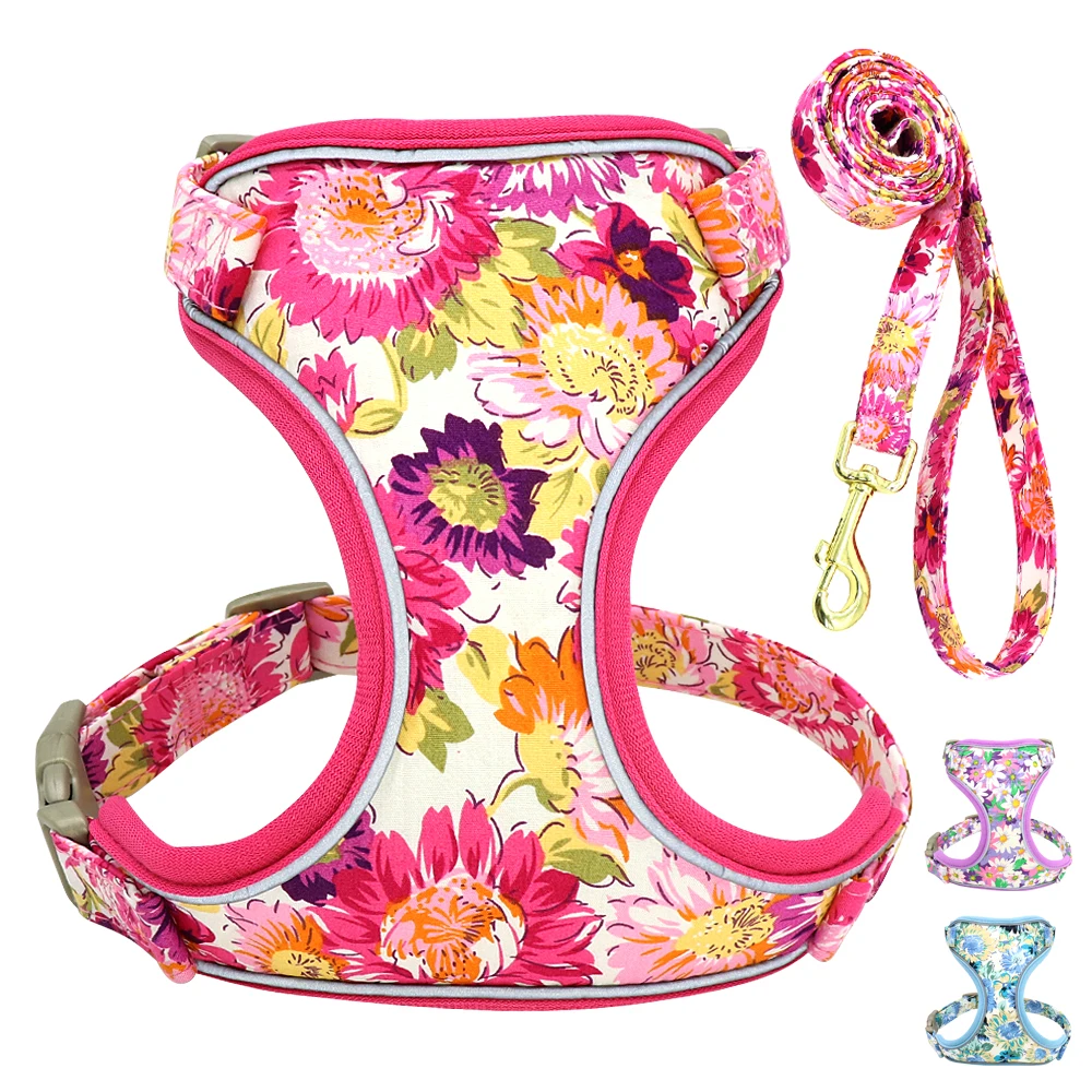 

Reflective Nylon Dog Harness Floral Printed Dog Harness Vest And Leash Set For Small Medium Dogs Pet Walking Harness Lead Leash