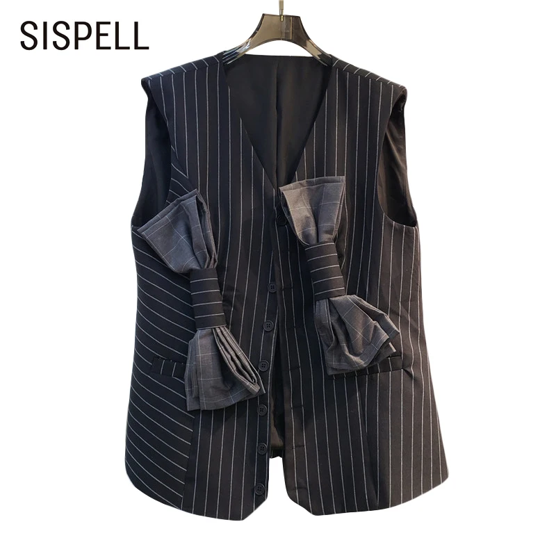 

SISPELL Patchwork Bowknot Coats For Female Lapel Collar Sleeveless High Waist Loose Striped Colorblock Women's Coat New 2021