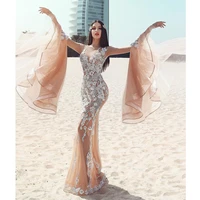 robe de soiree 2020 new mermaid evening gowns dress champagne lace long sleeve prom formal dresses with lining arabic turkey