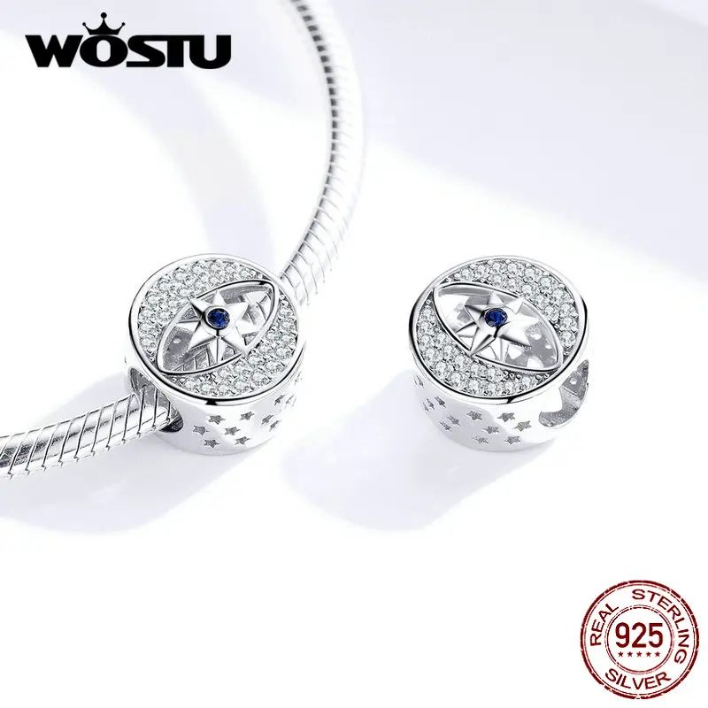 WOSTU, 925 пробы, серебряные круглые бусины дьявол глаз, голубой циркон, шарм, подходит для оригинального браслета, подвеска, серебро 925, ювелирные изделия BKC1368