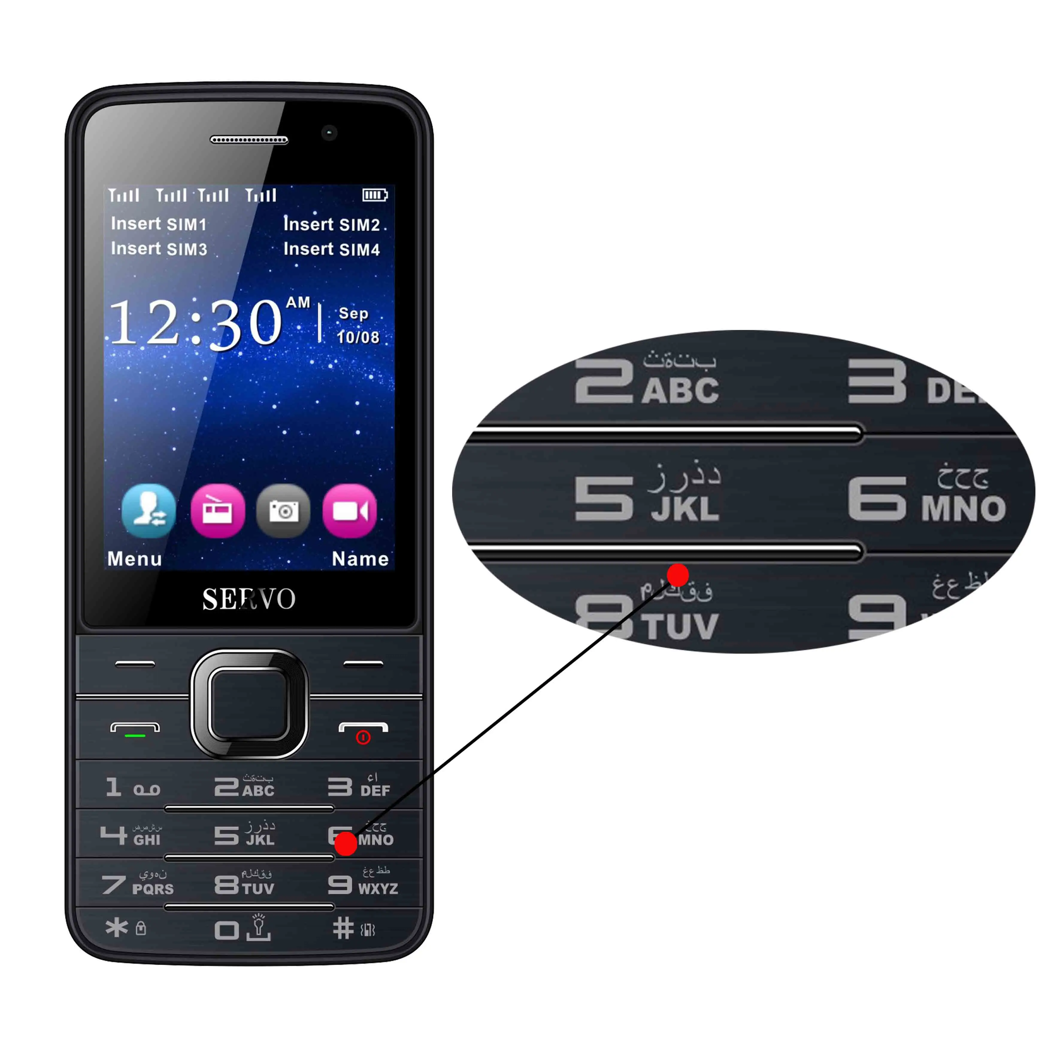 Arabic button Black Original Phone SERVO V9500 2.8 inch 4 SIM cards Quad standby GPRS Bluetooth MP3 FM vibration Russian keyboard 2G Mobile phones - Цвет: Arabic button Black