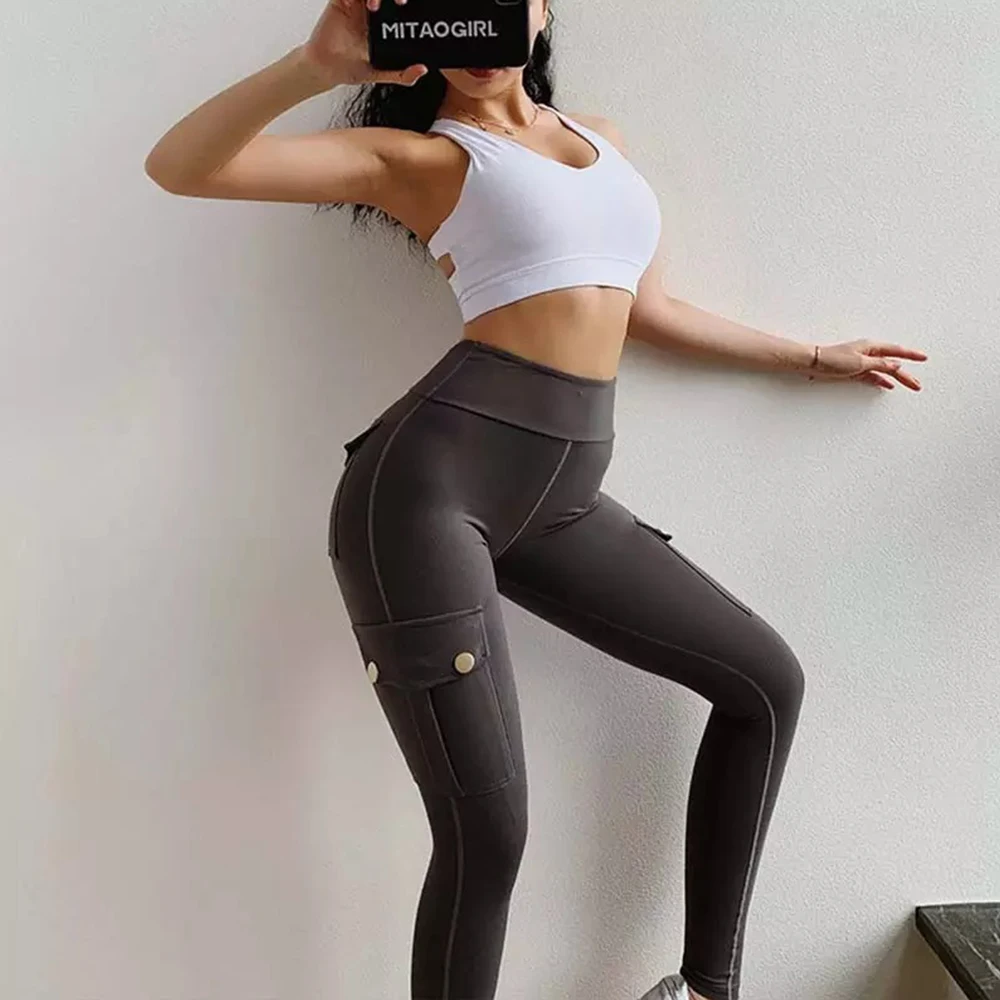 

Women Yoga Pants High Waist Sport Leggings Gym Slim Fit Pocket Sweatpants Outdoor Running Fitness Pants Polyester Cargo Pants