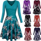 Женское платье с длинным рукавом, с V-образным вырезом и цветочным принтом, с большим подолом, облегающий слитный костюм, Осень-зима размера плюс