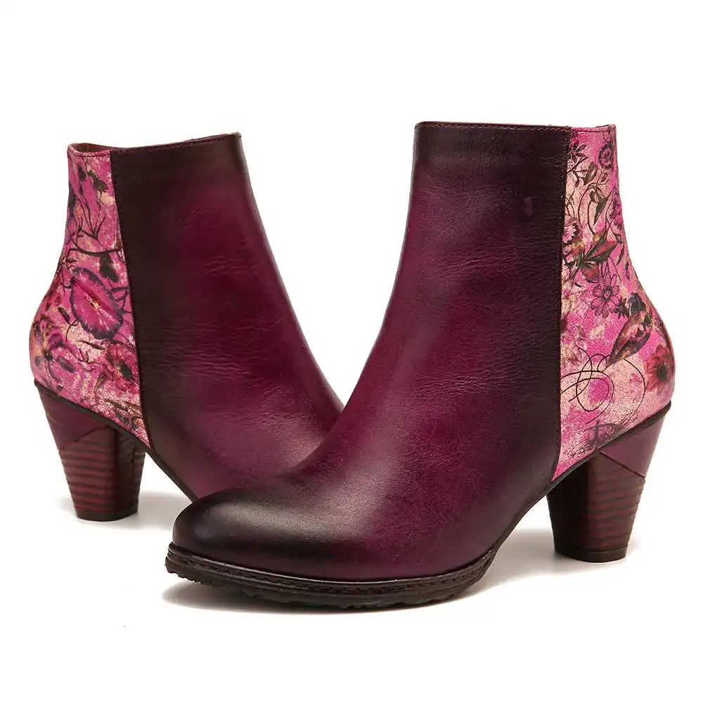 SOCOFY Retro Stitching Boots Printed Flowers Pattern Zipper Comfortable High Heel Ankle Elegant Ladies Shoes Women 2020 | Обувь