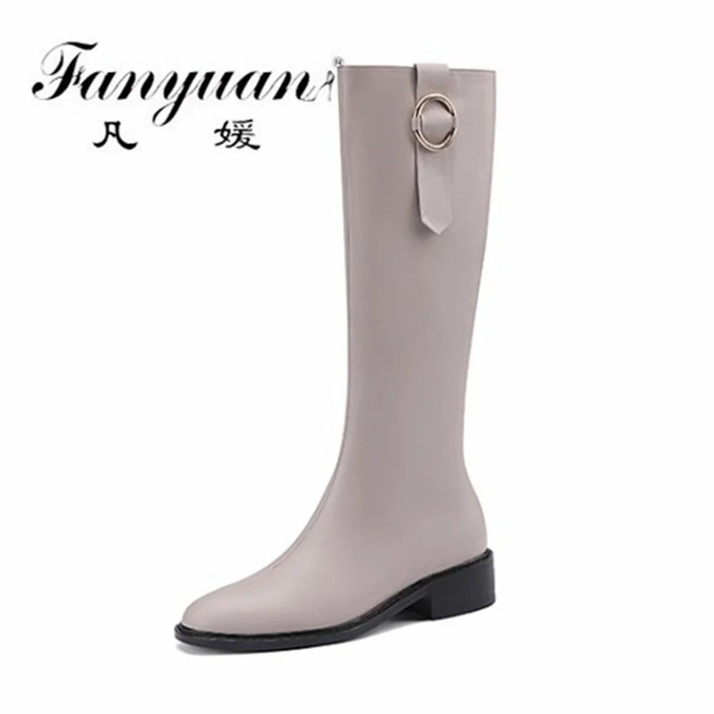 

Fanyuan Fashion Ladies Shoes Metal Decoration Knee High Boots Side Zipper Low Heel Shoes Woman Heels Party Winter Boot