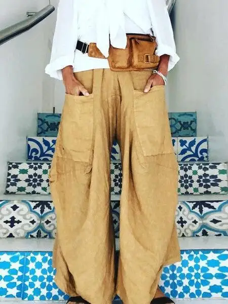 

Large Pockets Irregular Wide Leg Pants Khaki Gray Black Blue Burgundy Trouser