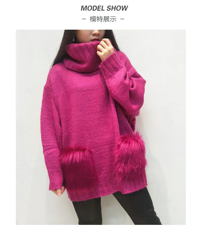 Neploe Pull Femme осень-зима свите с длинными рукавами Женский водолазка Толстый Пуловер Джемперы меховая нашивка карман трикотажные топы 54799