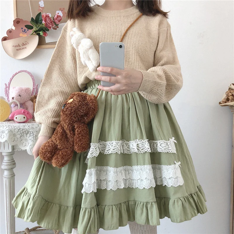 

Японская кавайная модная женская мини-юбка 2021, винтажная кружевная Мягкая Белая плиссированная короткая юбка-пачка с оборками и бантом в стиле "Лолита" для девушек