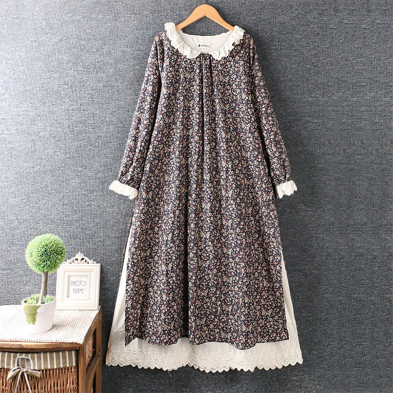 

2020 New Spring Autumn Women Dress Japan Style Literary Embroidery Turndown Collar Cotton linen Print Loose Long Dress Women