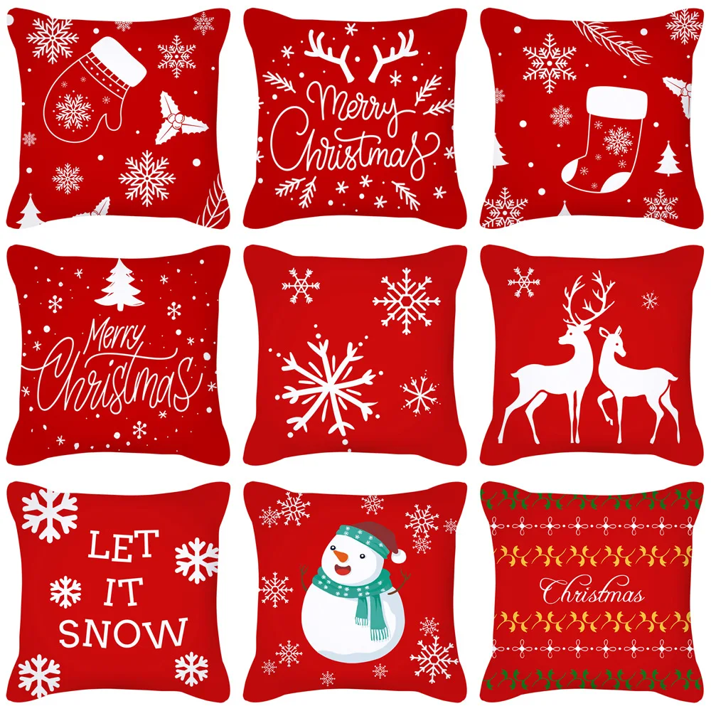 

Red Plaid Cushion Cover 45x45cm Pillowcase Polyester Elk Merry Christmas Printed Decorative Pillows Sofa Cushions Pillowcover