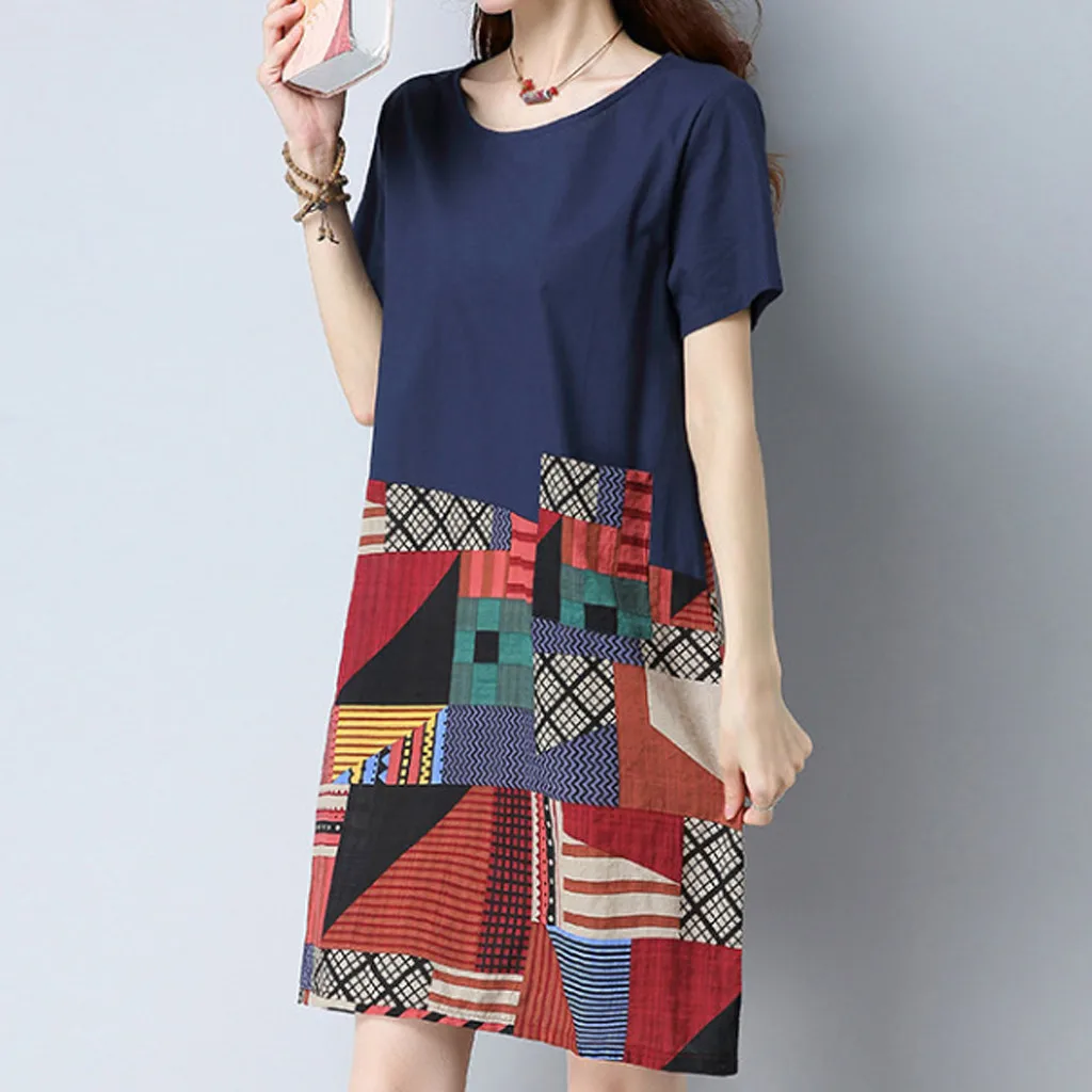 

Fashion Womens Casual Cotton Linen Round Neck Short Sleeve Loose Printed Dresses