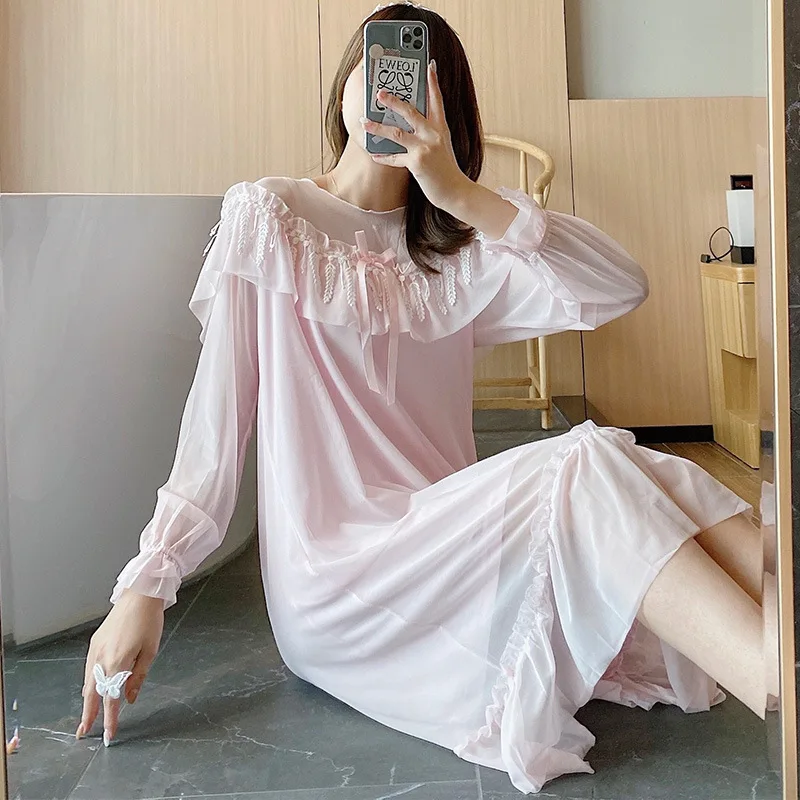 Spring 2021 New Nightdress Women's Thin Cotton Nightgown Lace  Nightwear Long Sleeve Long Skirt Gauze Mesh Home Wear Sleepwear