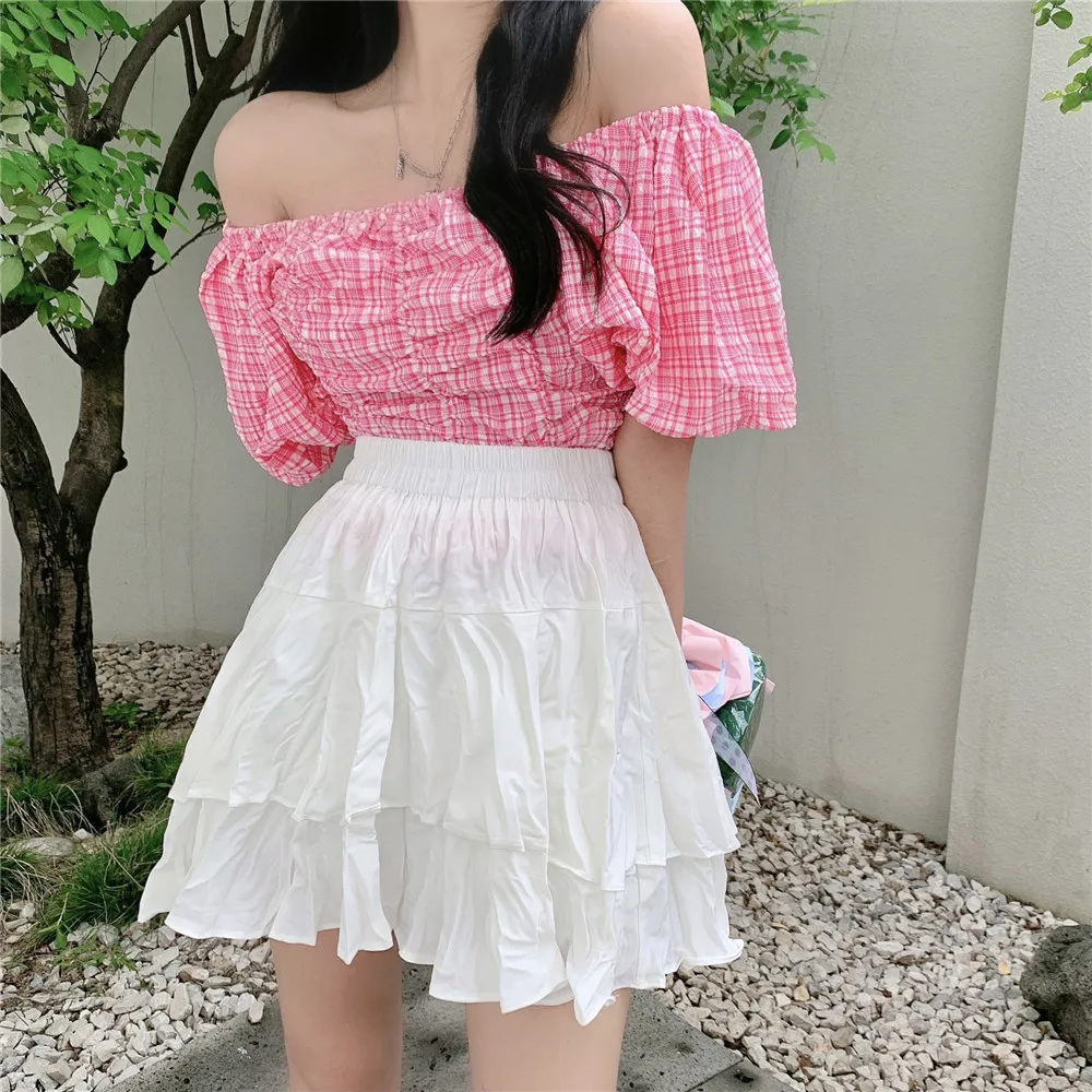

COIGARSAM Plaid Women Puff Sleeve Elastic Waist Pleated Square Collar Skirts White Skirt Powder 9219