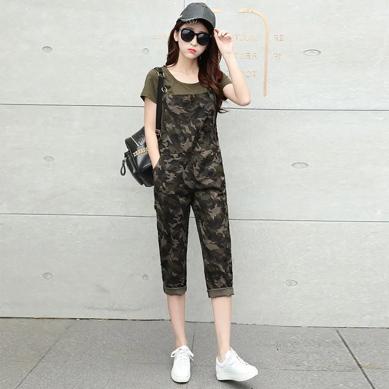 

Камуфляжные брюки на подтяжках для женщин 2018 тонкие повседневные укороченные брюки свободные артистичные хлопковые обтягивающие брюки