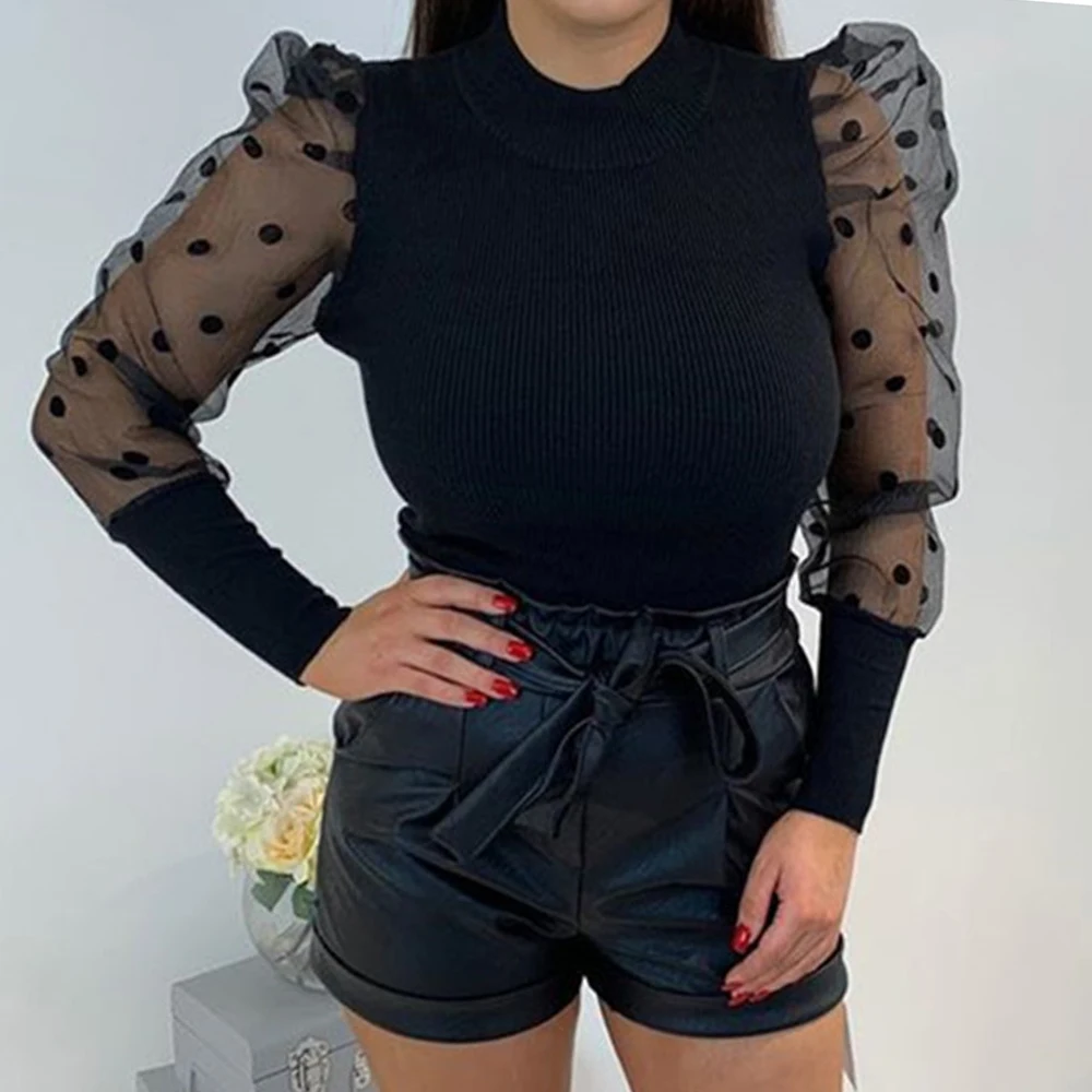 2019 Повседневный сетчатый свитер в горошек с пышными рукавами прозрачный вязаный