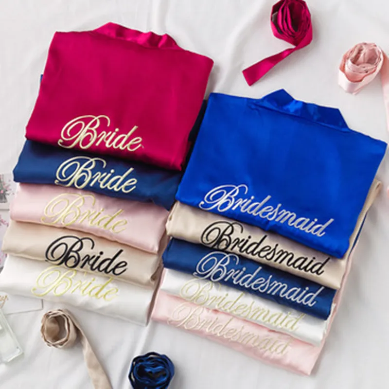 

Bride Bridesmaid Wedding Robe Night Gown Sexy Female BathrobeKimono Ladies Satin Pajamas Embroidery Party Gift Home Night Gown