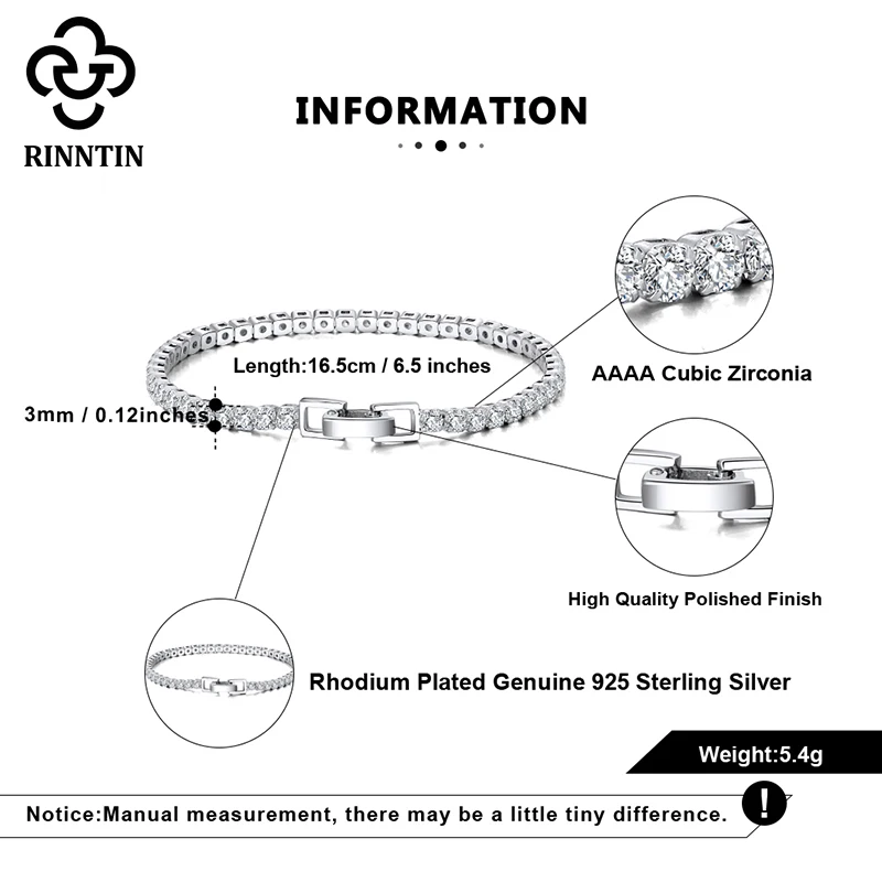 Rinntin реального 925 стерлинговый Серебряный браслет для тенниса женщин с Циркон