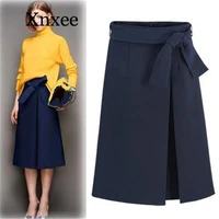 spring summer brand new fashion style women navy a line mid calf skirt career bow saia female clothing navy blue winter spring