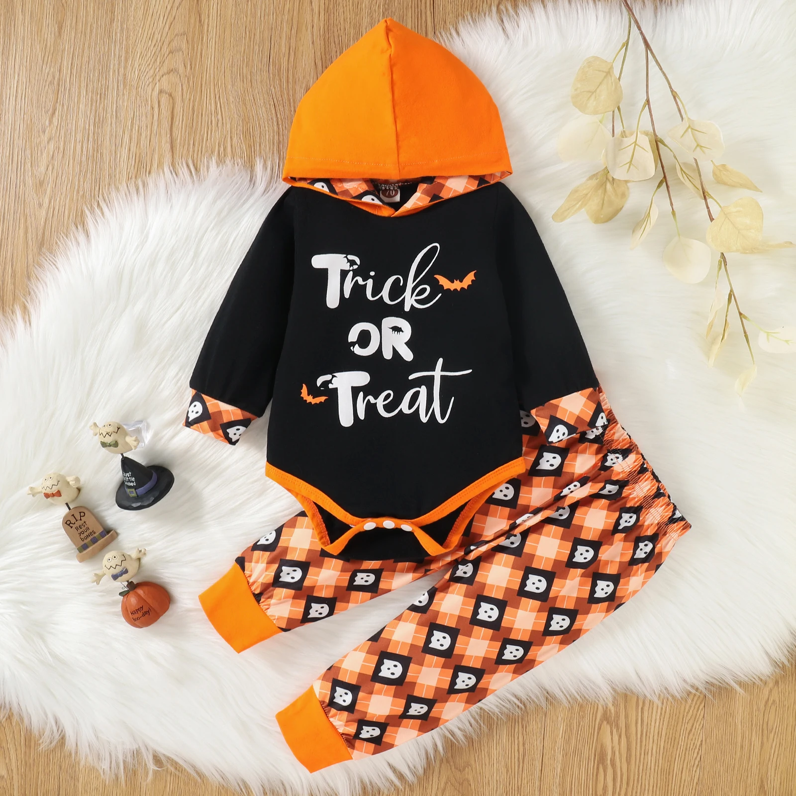 

0-18M Newborn Babies Halloween Clothes Set Black Letter Print Long Sleeve Hooded Romper and Long Pants 2Pcs Autumn Outfits