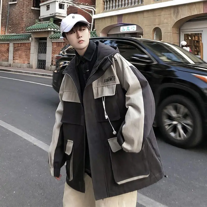 

Workwear jacket for men women Korean version autumn new Japanese loosemulti-pocket tops couples stitching color coat all-match