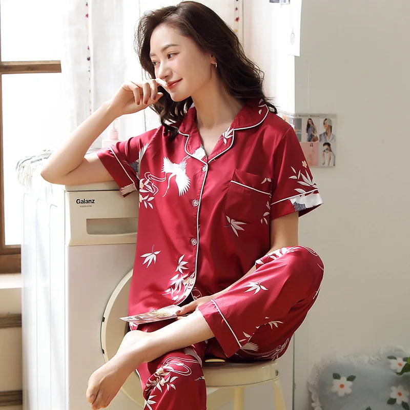 Summer Silk Pajamas Women's Silk Cardigan Short-sleeved Trousers Two-piece Suit Women's Casual Loose Home Wear Women's Pajamas