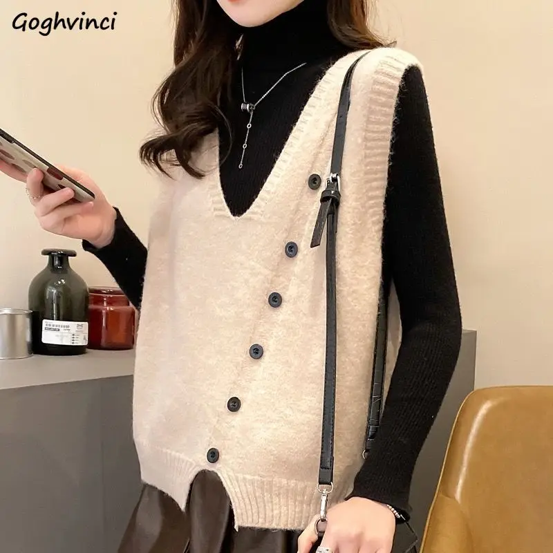 

Women Sweater Vest Solid Button Knitted Sleeveless Casual Loose V-neck Simple Leisure Autumn Winter Coat Korean Style Pullover