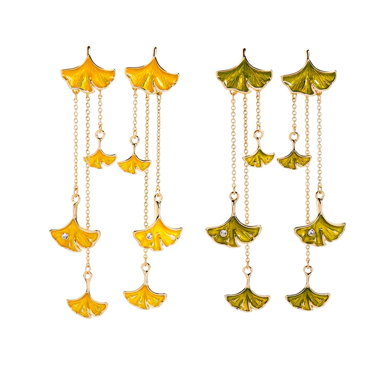 Женские серьги в виде листьев природы гинкго открытые кольца с эмалью и