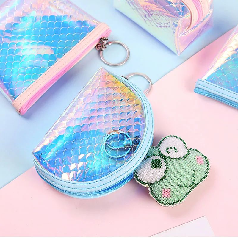 

Girl's Heart Laser Fish Scale Pattern Colorful Zero Wallet Semicircular Square Mini Wallet Zippered Holder