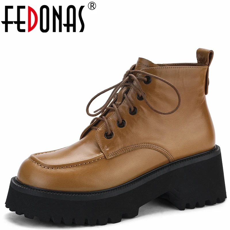 

FEDONAS 2021 Newest Women Ankle Boots Leisure Autumn Winter Concise Genuine Leather Platforms Round Toe Cross-Tied Shoes Woman