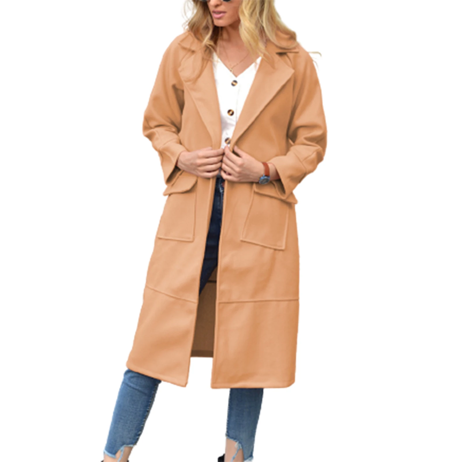 

Coat Autumn Winter Women Buttons Pockets Long Sleeve Knee-length Coat Lapel Overcoat Women's winter parka Lapel Overcoat