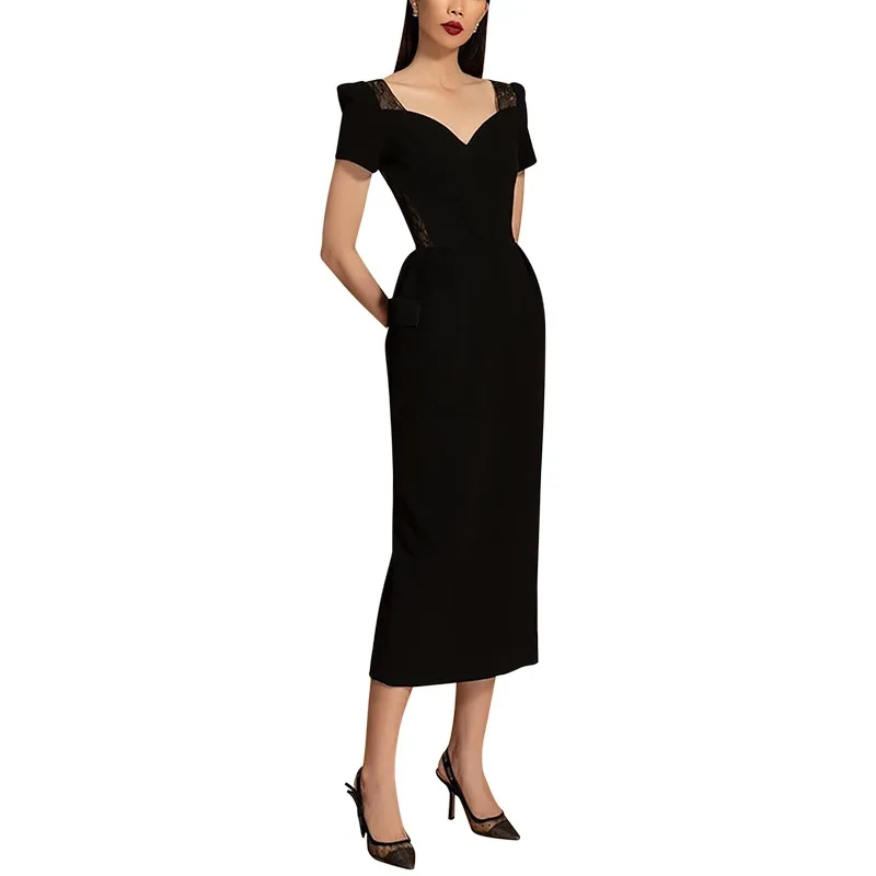 

[DEAT] 2021 new fashion women dress sqaure collar short sleeves lace patchwork high waist sexy hollow out long Vestido WP62401L