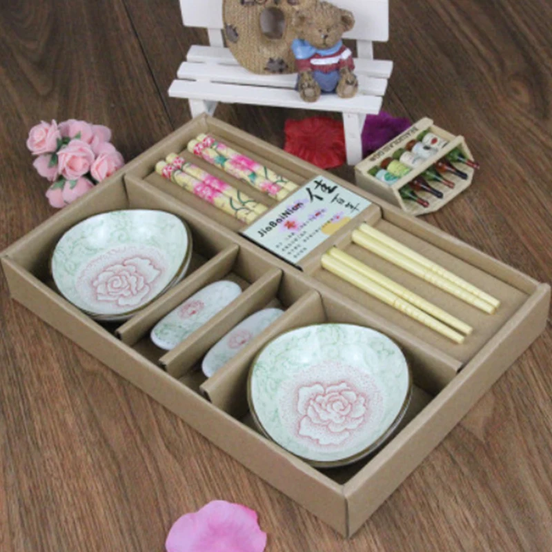 Chopsticks Dish Set Bamboo Gift Box Ceramic Chinese Flower Pattern Kitchen Supplies Tableware |