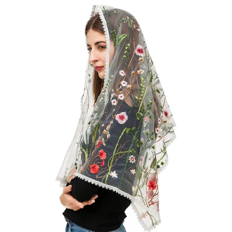 Фата католическая женская с цветочной кружевной аппликацией, головной платок для церкви, Латинской массы, цветная, фото