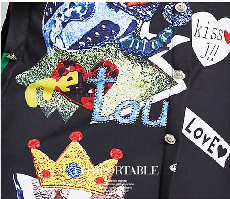 

New Women's Fashion Cartoon Cat Letters Print Single-breasted Shirt Dress Women Long Sleeve Turn-down Collar Vintage Dress