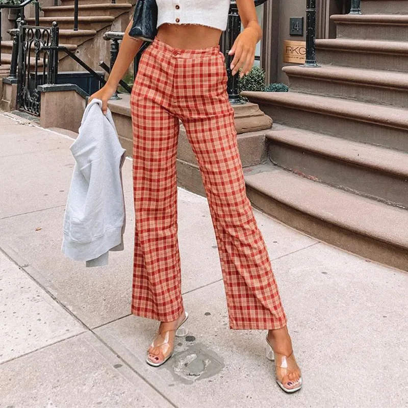 

Foridol checkered casual pants women high waist plaid korean style long pants bottoms straight streetwear pants pantalones 2021