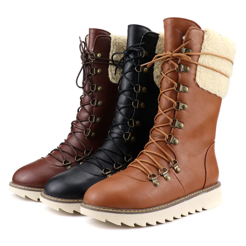 Odetina New Women Platform Lace Up Combat Mid Calf Boots Cross Tied Faux Thick Fur Non-slip Winter Warm Snow Plus Size 48 | Обувь
