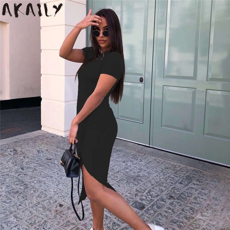 

Akaily, уличная одежда, однотонные летние платья, женское черное платье средней длины с круглым вырезом, женское белое платье с Боковым Разрезо...