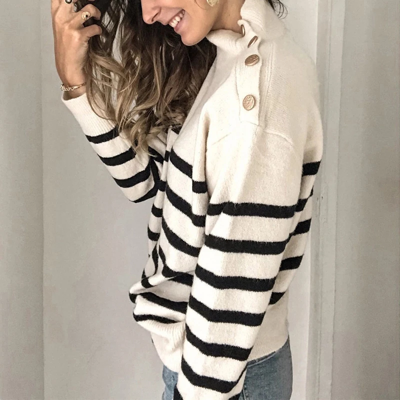 

New Arrivals Winter Womens Sweaters Half Turtleneck Striped Button Ladies Sweater 2020 Autumn Fashion Pullovers Tops Grey Black