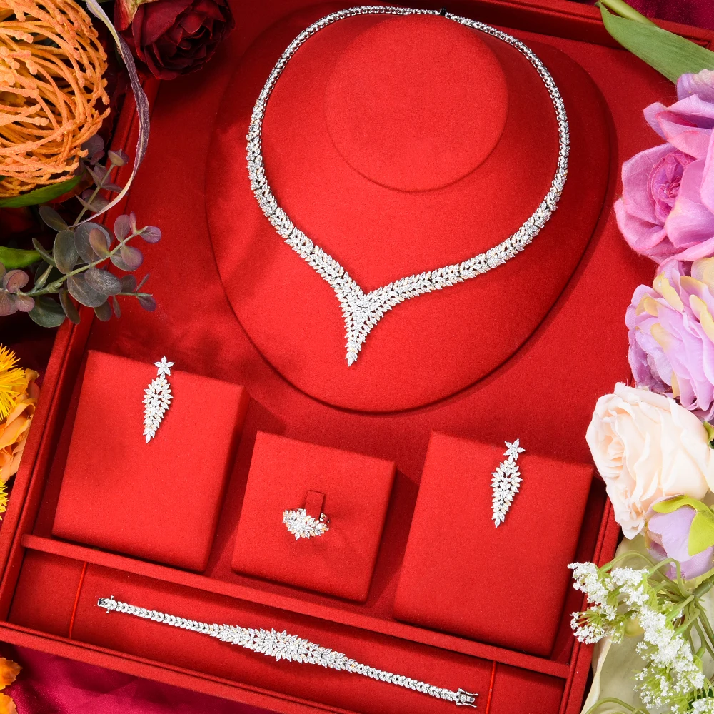 

Blachette Gorgeous Exclusive Necklace Bracelet Earring Ring 4PCS Dubai Bride Wedding Banquet Zircon Fashion Luxury Jewelry Set