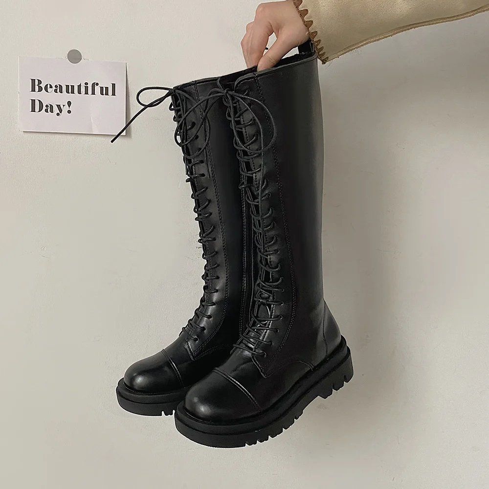 

2022 Women's High Boots PU Leather Vintage Autumn Lace Up Round Toe Square Heel Keep Warm Middle Cowboy Boots Shoes