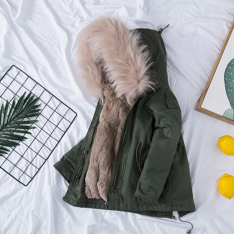 Olive top apricot Г. Детские куртки из натурального кроличьего меха зимние пальто для девочек со съемной подкладкой из натурального меха, куртка для малышей меховой воротник енота - Цвет: Olive top apricot
