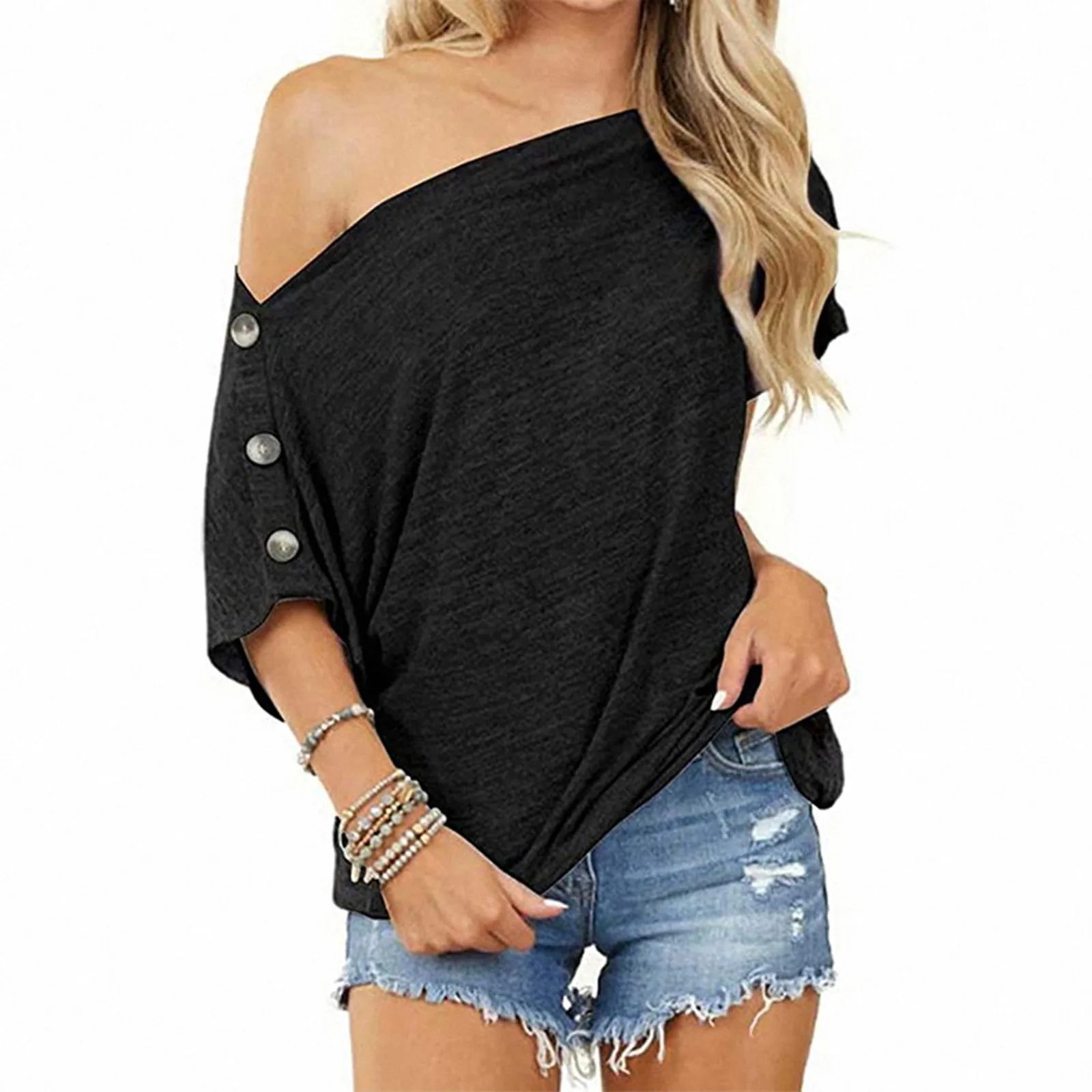 

Strapless Personalized T-shirts Womens Solid Color Off Shoulder Tops Button Short Sleeve Black T-shirts camisas de mujer