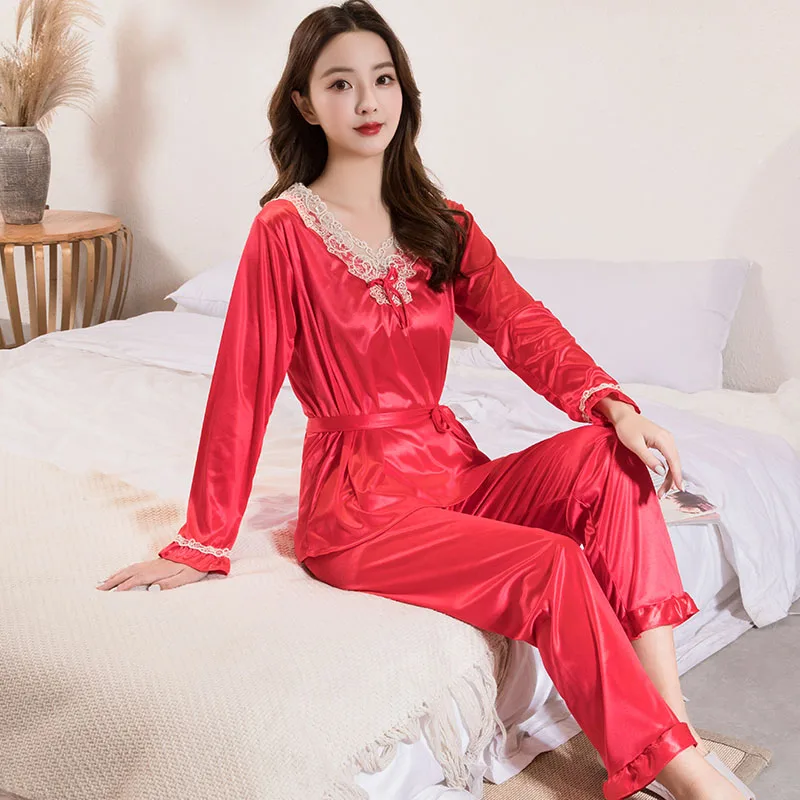 Пижама WAVMIT Женская с длинным рукавом Шелковый комплект из 2 предметов одежда для