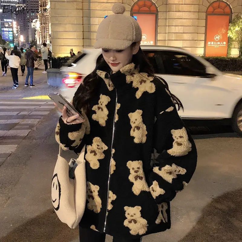 

Imitation Lamb Fur Bear Print Coat Women's Plush Thickened Autumn Winter Ins Loose Korean Bf Lazy Wind Zipper Jacket Outerwear