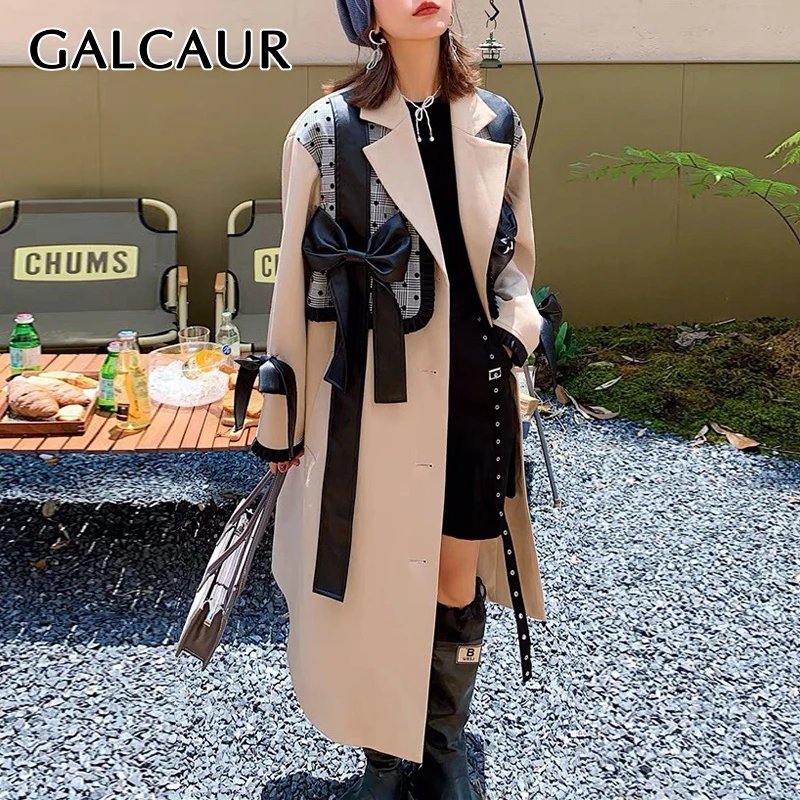 

GALCAUR Patchwork Bowknot Trench Coat For Women Lapel Collar Long Sleeve Single Breasted Colorblock Coats Female Clothes Fashion