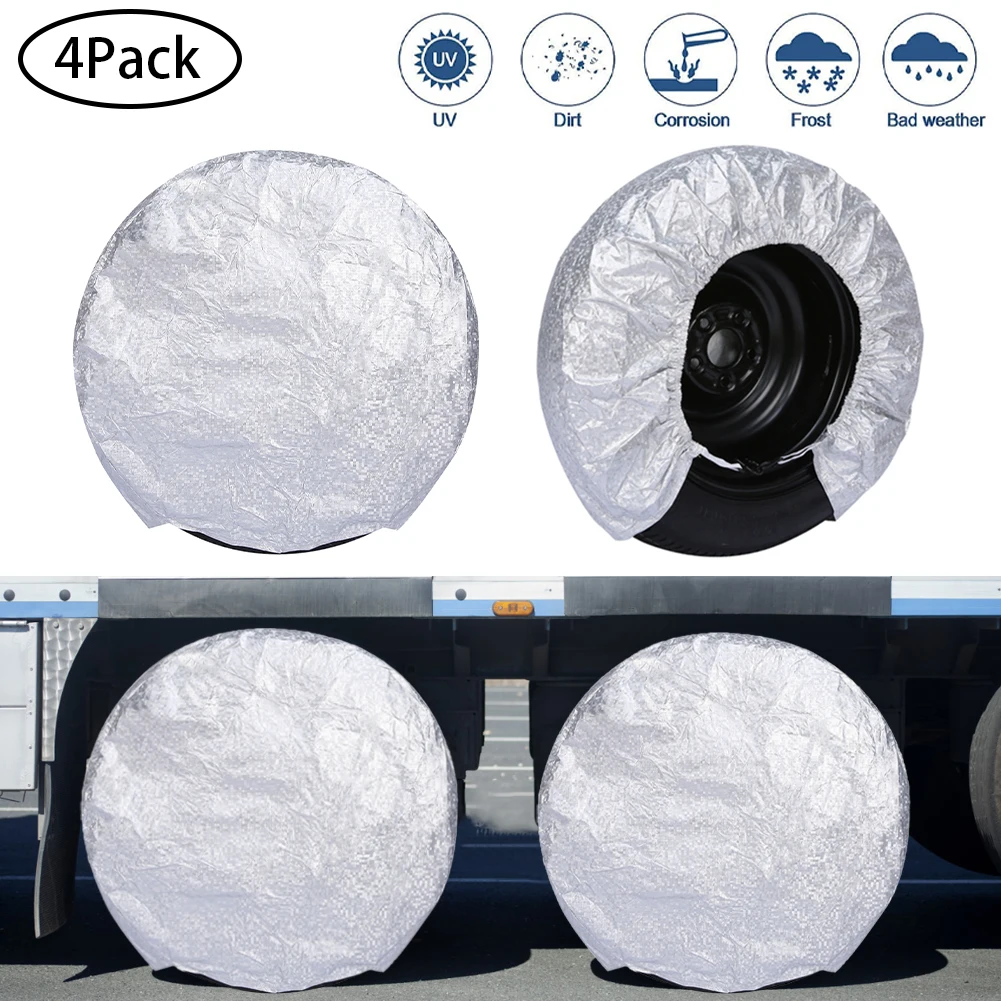 

New 4pcs Tire Covers Aluminum Film Tire Protectors Fits 25" Tire Diameters for Jeep Truck SUV Trailer Camper RV Rim Care