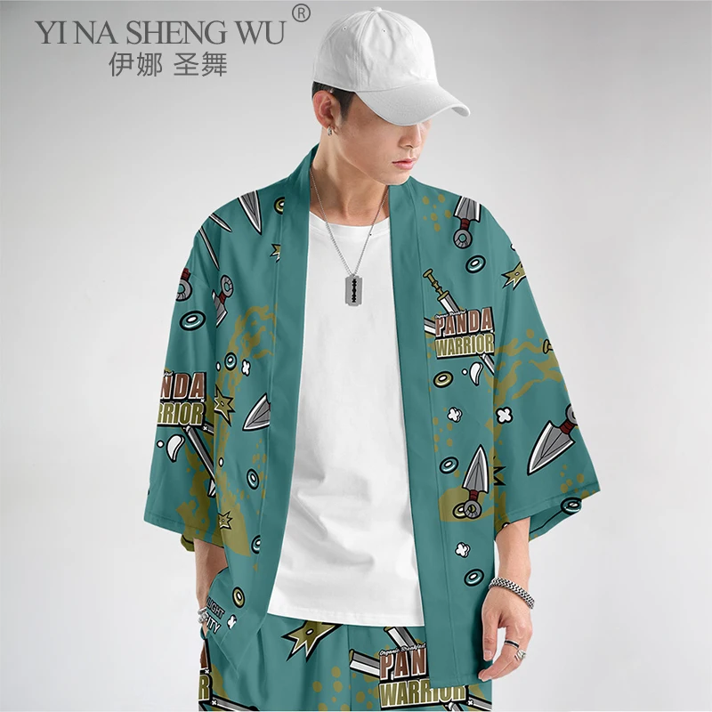 Мужской японский кимоно самурай винтаж Юката кардиган в китайском стиле с принтом Хараджуку Хаори уличной моды городского костюма