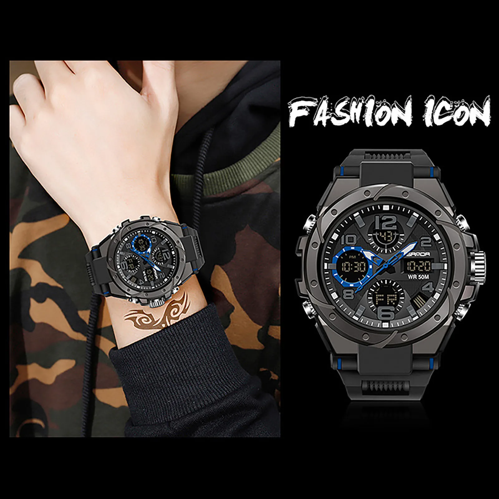 

Watch For Men Sports Series Creative Multifunctional Dual Movement LED Digital Resin Strap Men's Watch W1